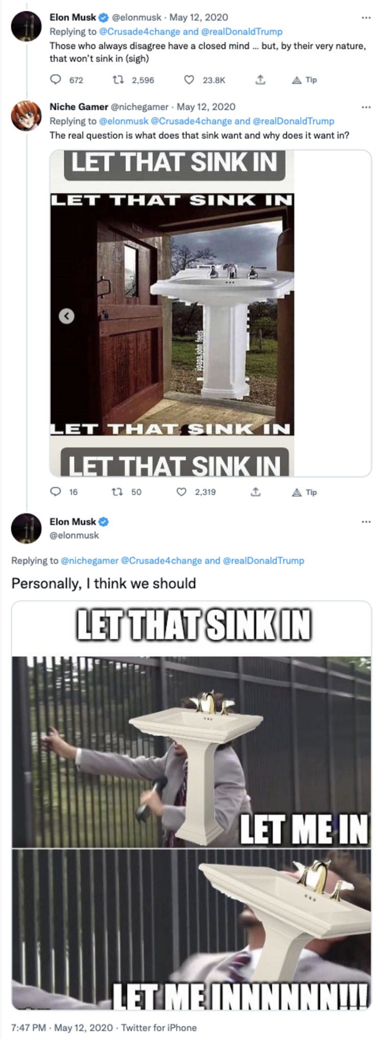 Elon's history with the sink meme traces back to the Trump era of Twitter