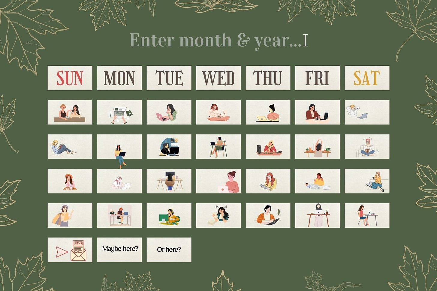 An empty calendar with daily activities visually illustrated on each day.