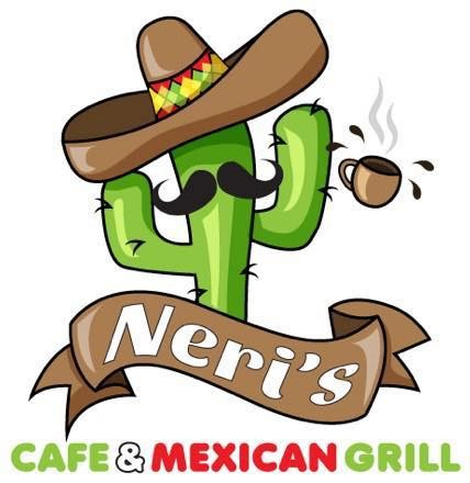 Logo for Neri's Cafe & Mexican Grill, featuring a cartoon cactus wearing a sombrero and holding a cup of coffee.