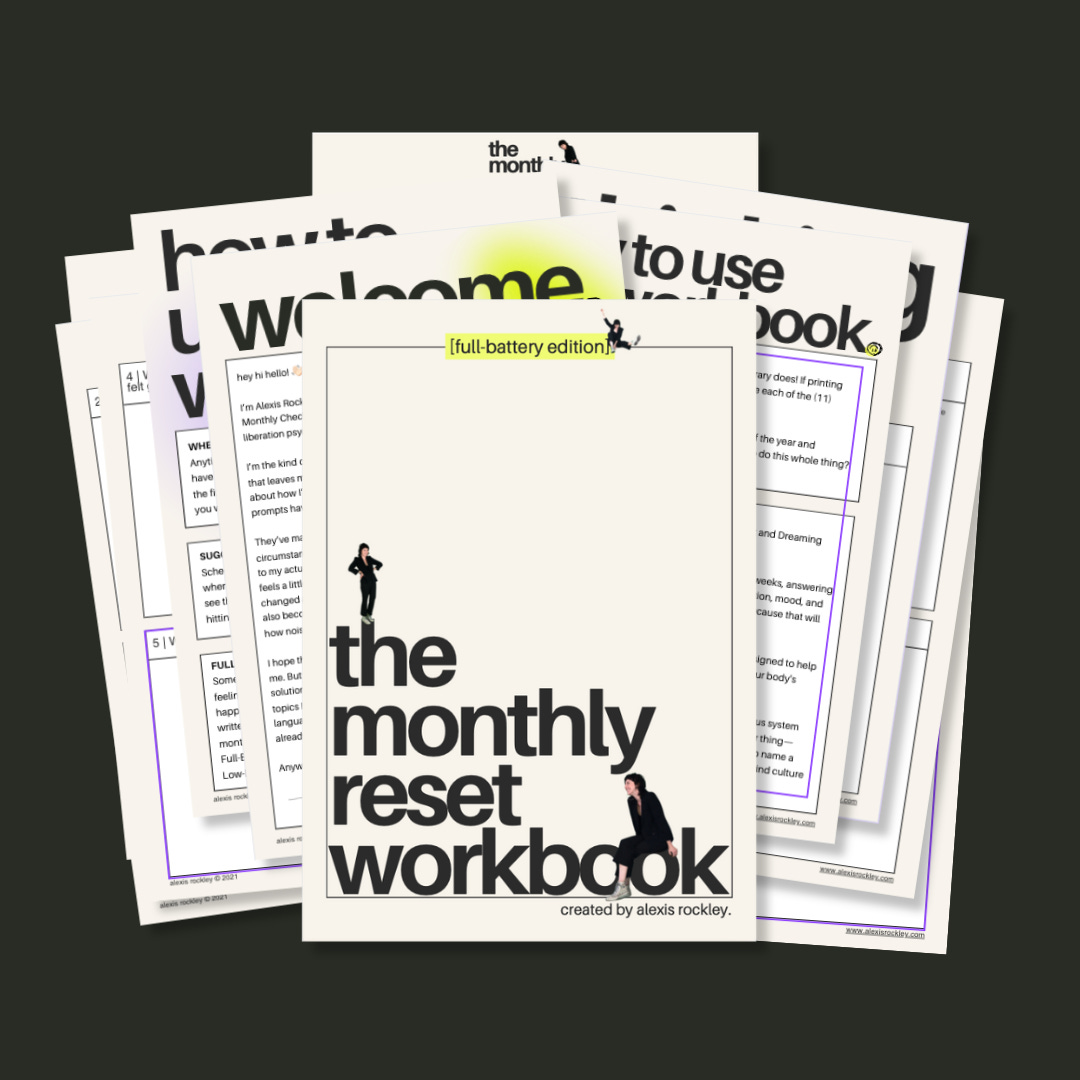Pages of a workbook are piled on top of each other, with bits and pieces visible. The cover of the workbook is beige with bold, minimal font “the monthly reset workbook.” Three tiny cut outs of Alexis wearing a black suit balance in various poses on different parts of the text, as if they are balancing on the letters.