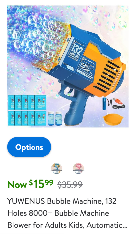 A walmart ad for a bubble gun with the brand YUWENUS