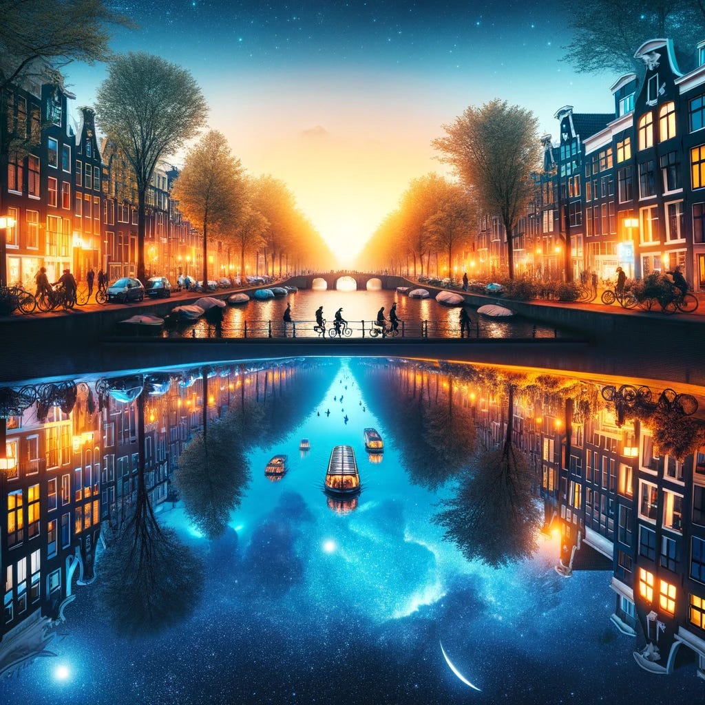 Create a creative and thought-provoking image that captures the concept of inversion, featuring the city of Amsterdam. The bottom half of the image shows Amsterdam during the day: canals bustling with boats, people biking and walking along the tree-lined streets, and a bright blue sky overhead. The top half is an inverted reflection of the same scene at night. The buildings are lit up with warm lights, stars are visible in the night sky, and the city's vibrant nightlife reflects on the water's surface. The transition at the center should be seamless, creating a continuous loop of day and night, symbolizing the inversion of time and space.