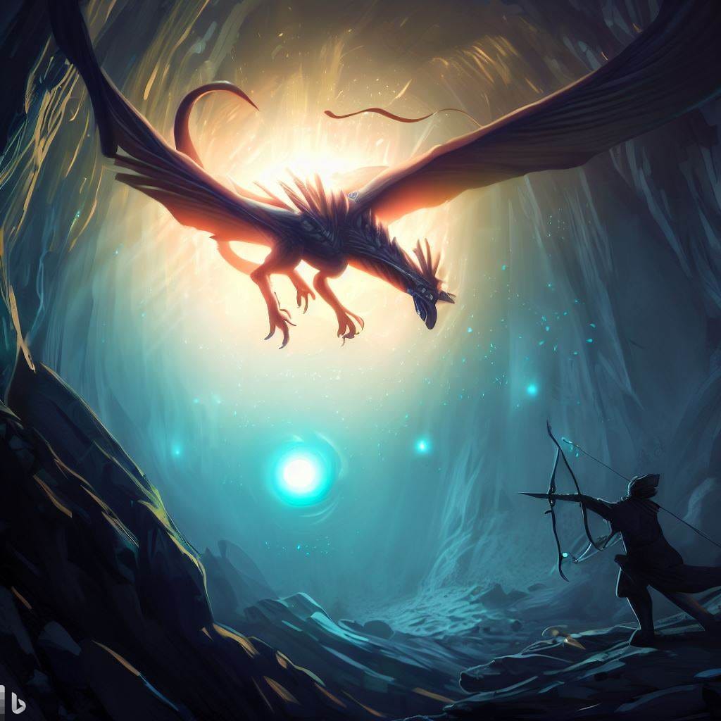 medium-sized wyvern flying in cavern, hunter firing arrow, glowing orb of light in center, fantasy art
