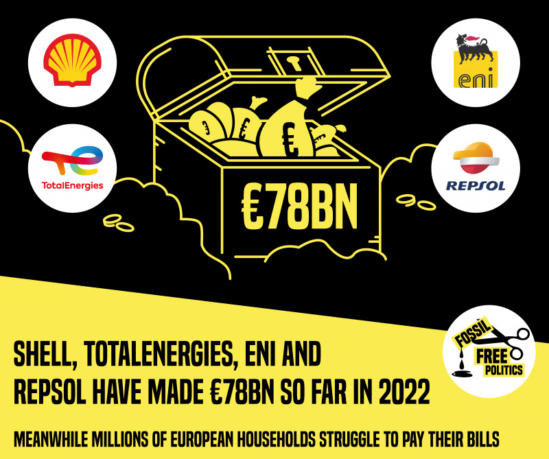 Graphic of treasure chest and the text 'Shell, TotalEnergies, ENI and Repsol have made €78bn so far in 2022. Meanwhile millions of European households struggle to pay their bills.' 