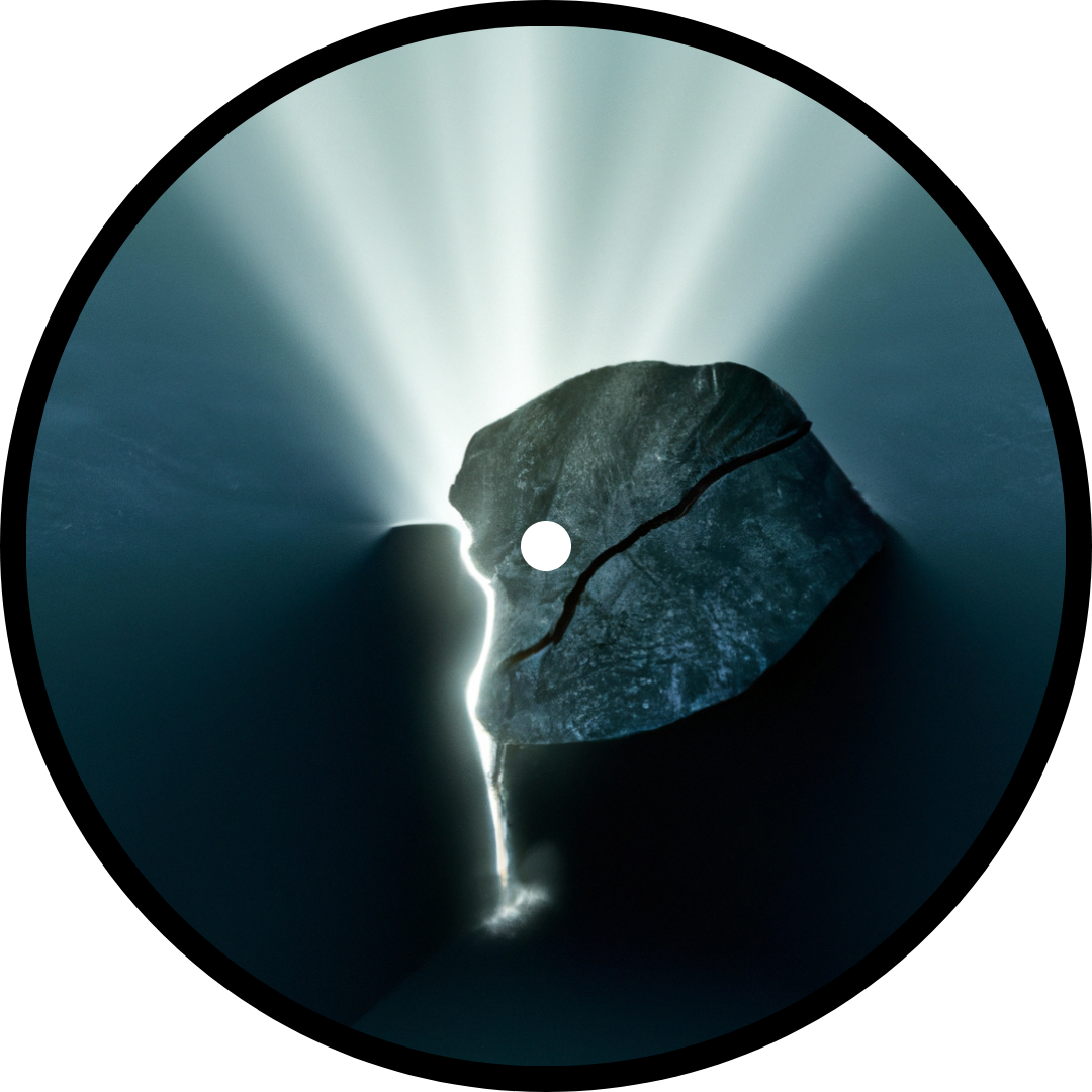 A boulder bathed in darkness with a deep fissure and light shining out of it. The image is framed as a record album with a hole in the middle and a black edge.