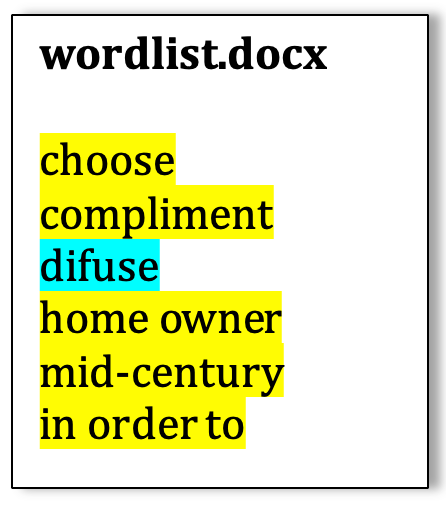 A list of words that are highlighted; the document name is wordlist.docx.