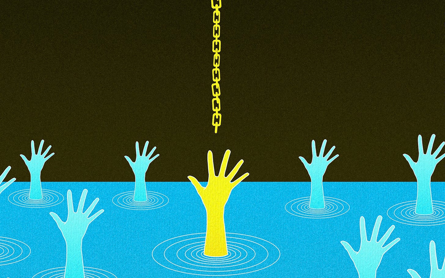 Drawing of hands reaching out of the water to grab a chain