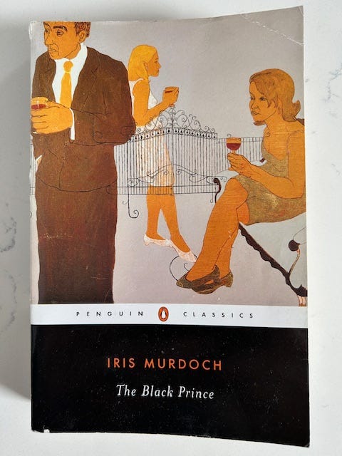 The cover of The Black Prince by Iris Murdoch has a drawing of people at a party.