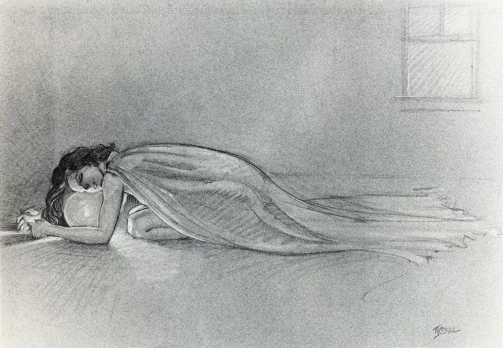 Charcoal figure study for THE LEAVETAKING featuring the model posed on all fours with knee forward and head resting on an orb glowing from inside with a solitary flame. The draping of the sheet is less dynamic than the final painting, ending in tattered ends without the contour of her back leg clearly defined. In the upper right, the window of the studio shows rays of light.