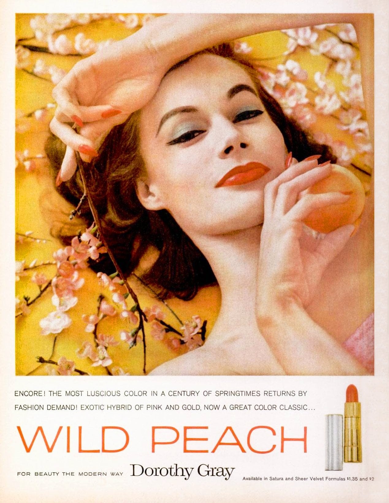 Wild Peach Lipstick by Dorothy Gray Cosmetics [1959] : r/vintageads