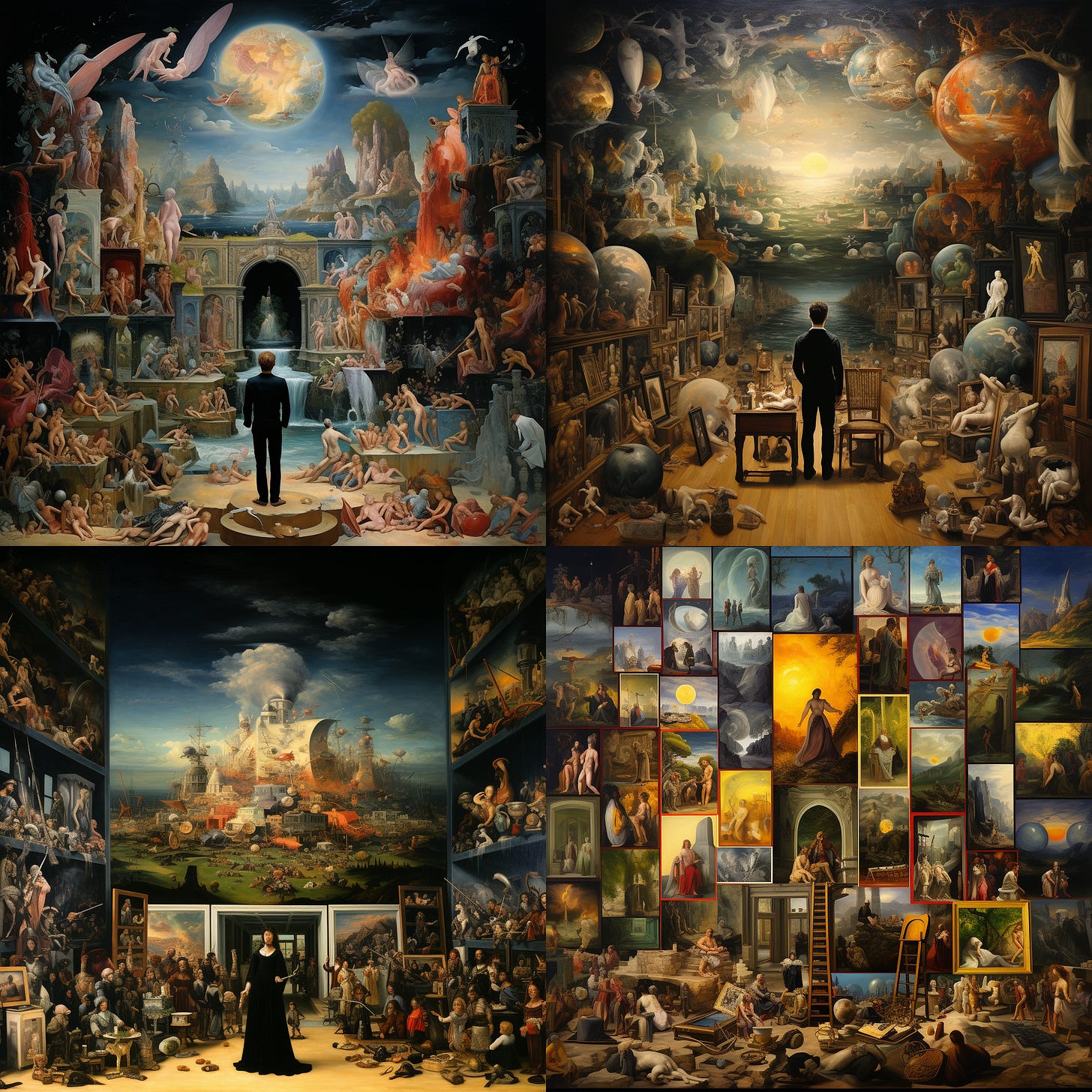 Four images generated by Midjourney of all the most famous paintings in the world in one painting. Kind of beautiful. Kind of sad. Very cluttered.