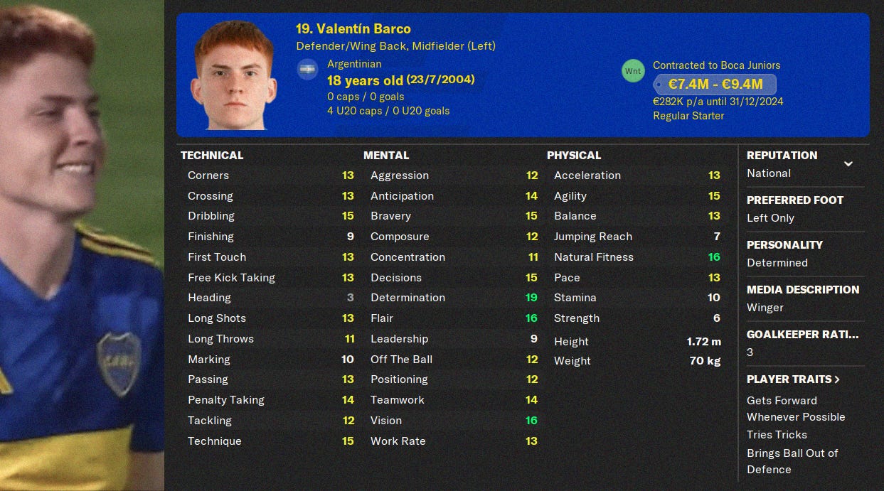 A screenshot of Valentín Barco's FM24 profile with a screenshot of him smiling in a Boca Juniors shirt beside it.