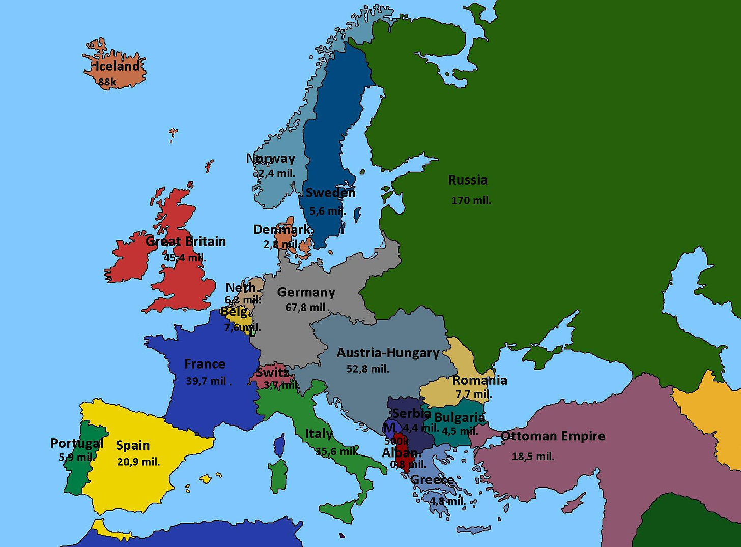 Map of Europe 1914 showing showing countries population (without ...