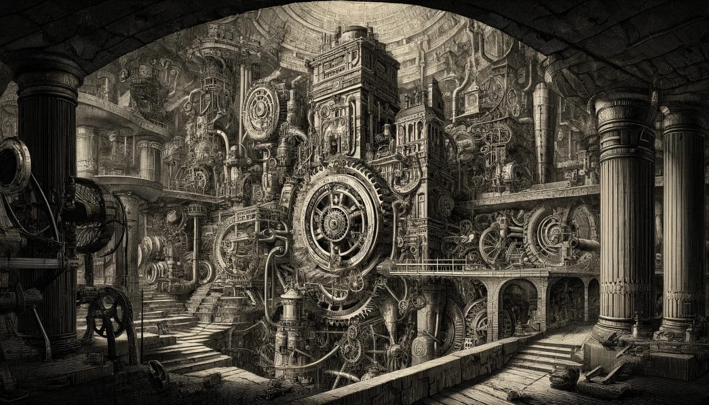 Create a landscape mode image in the style of an etching by Giovanni Battista Piranesi, depicting mysterious and complex underground machineries that power the global economy. This underground setting should be filled with a vast network of mechanical structures and devices, symbolizing the intricate workings of the global economy. These machineries combine elements of ancient, industrial, and futuristic designs, suggesting a hidden world of power and complexity beneath the surface. The machinery is interconnected with gears, pulleys, levers, and pipes, intricately woven into the subterranean landscape. The composition should emphasize the depth and vastness of the underground setting, with parts of the machinery disappearing into the shadows, adding to the mysterious aura. Piranesi's intricate etching style should be used to detail each aspect of this underground machinery, highlighting its sophistication and the enigmatic nature of the systems driving the global economy.