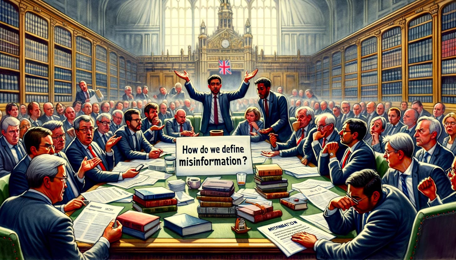 An illustration showing a scene in a government coalition office where politicians are visibly frustrated and confused during a discussion about defining misinformation. The focal point is a group of coalition politicians gathered around a table, with one of them holding a piece of paper that reads, "How do we define misinformation?" in a puzzled manner. Another politician is seen shrugging, symbolizing their inability to provide a clear definition. In the background, books and documents are scattered, suggesting a deep search for an answer. The atmosphere is filled with a mix of tension and relief, capturing the sentiment that even those responsible for addressing the issue are grappling with its complexity. The room is depicted as a classic government office, with flags and emblems that suggest authority and responsibility, yet the scene is imbued with a sense of uncertainty and the challenge of combating an intangible enemy.