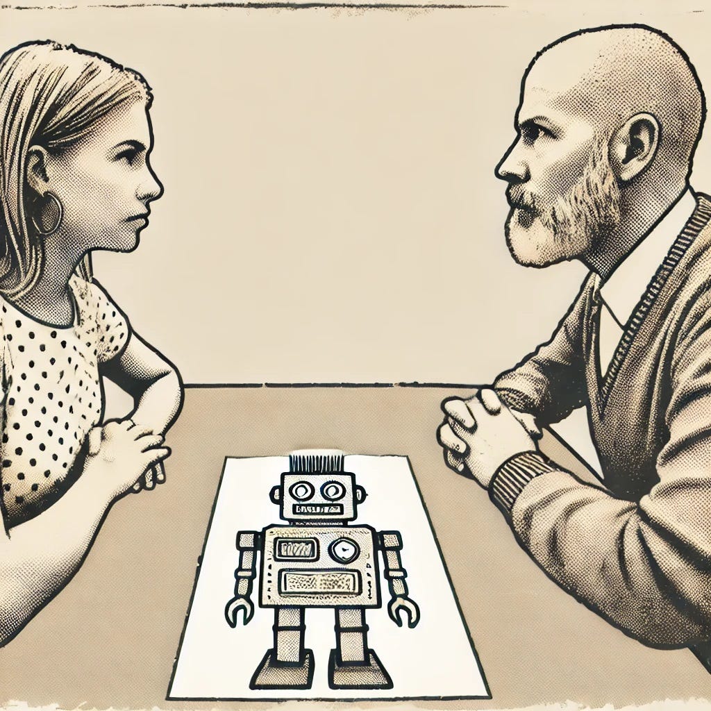 A sketch of an instructor and a student staring at each other across a table with stern looks.  On the table between them is a piece of paper with a drawing of a blocky humanoid robot.