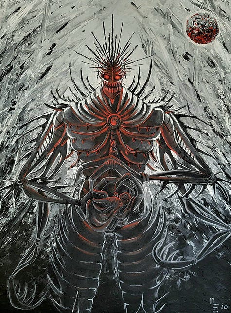 Menacing skeletal figure with red accents, spiked head, and clawed hands stands against a chaotic gray background, under a red-tinted moon.