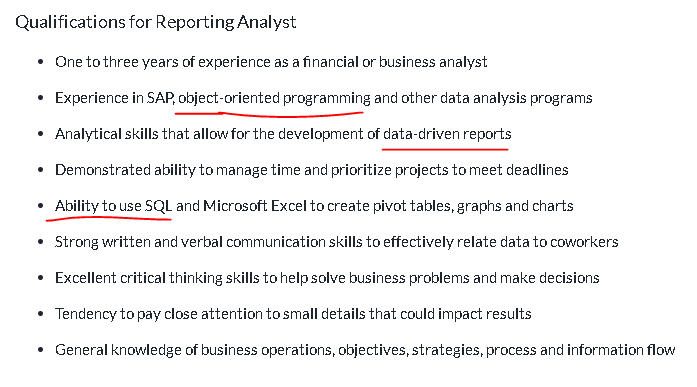 Qualifications of a Reporting Analyst position.  It's basically a mediocre data analyst.  Should avoid this role.