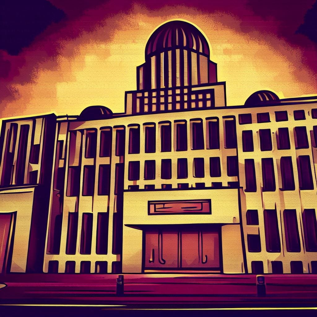 A boarded up government building, art deco, cartoon, noir