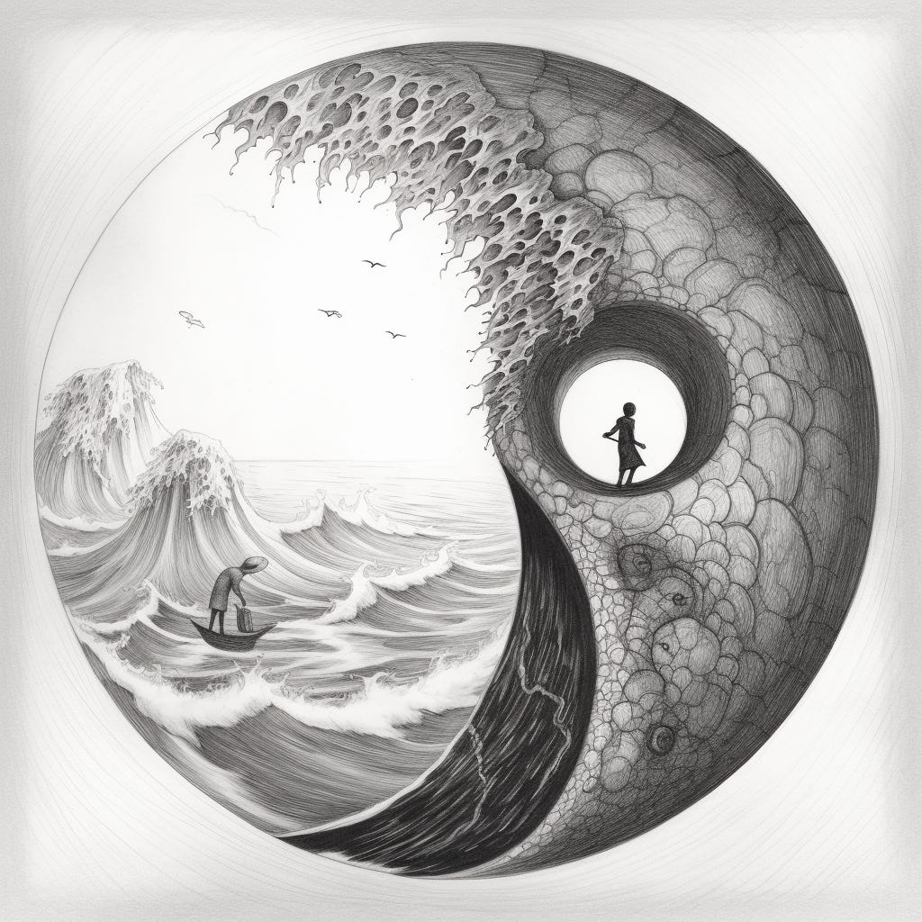 surreal drawing, ying and yang, success and failure, project management