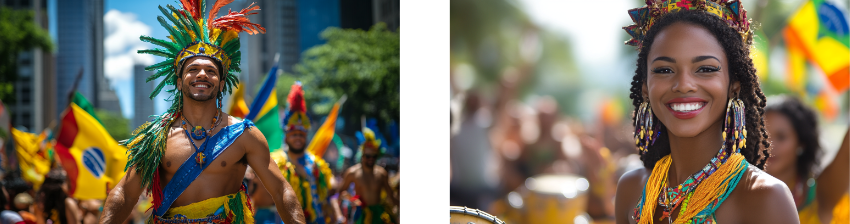 Two-part image: the left side shows a vibrant carnival scene with a smiling man dressed in colorful feathered headgear and traditional costume, marching joyfully with flags in the background, set against a backdrop of skyscrapers and greenery. The right side captures a close-up of a joyful woman adorned with beaded jewelry and a festive headpiece, smiling brightly amidst a blurred crowd, radiating the energy and spirit of a lively cultural celebration.