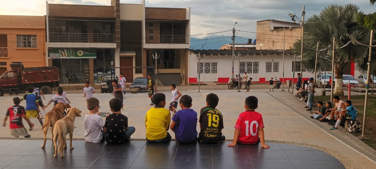 Six young boys sit on the edge of a platform with two dogs, watching other children play soccer in a park