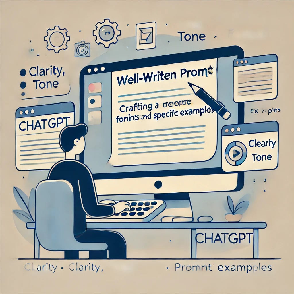 An illustration showing a person crafting a well-written prompt on a computer screen with ChatGPT open. The screen shows a clear, organized prompt with bullet points and specific details. Around the person are icons representing key elements like clarity, tone, formatting, and examples. The background is minimal, with a soft, professional color palette, symbolizing focus and precision in prompt engineering.