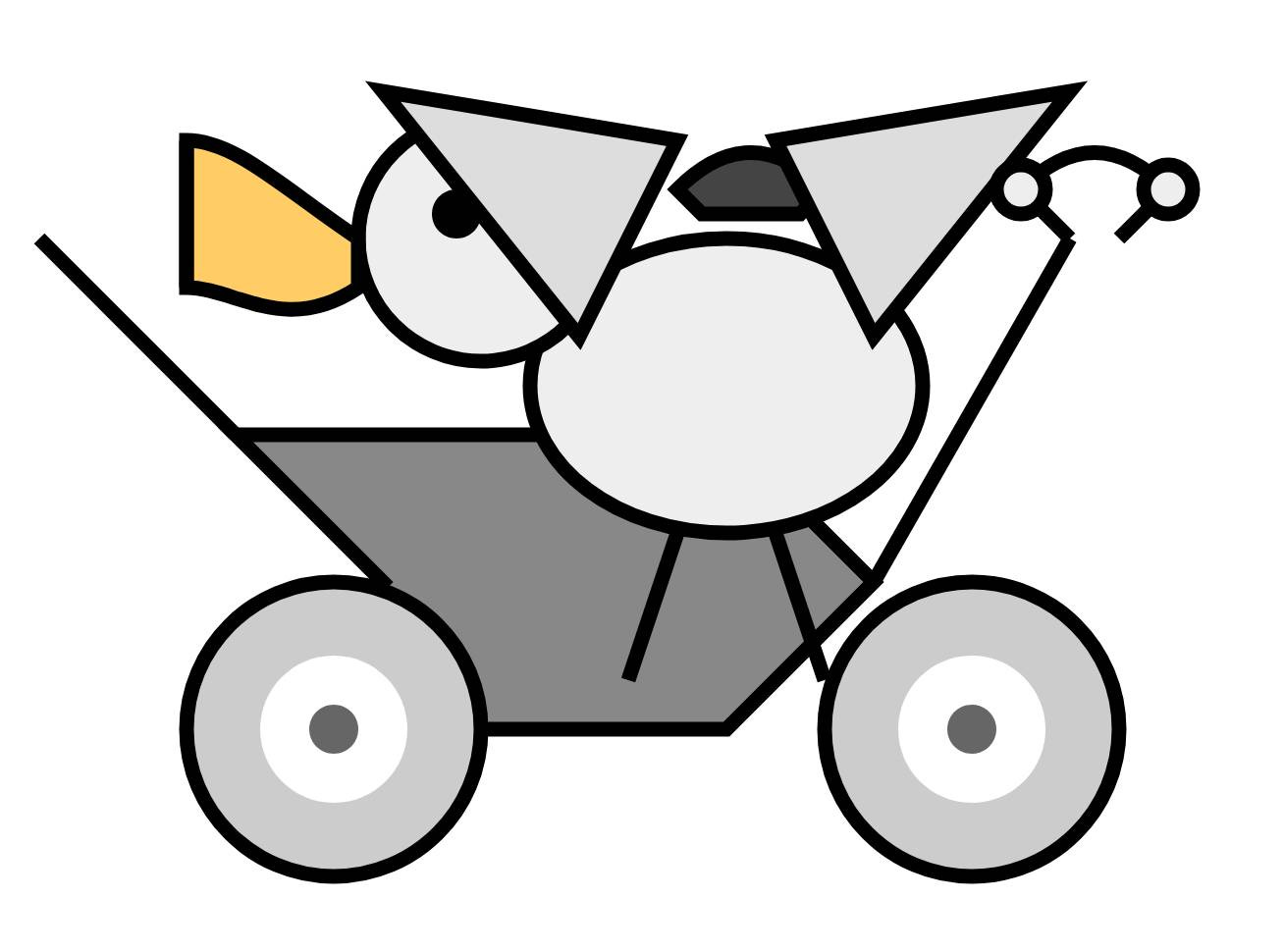 The bicycle has two wheels but looks more like a pram. The pelican has a good orange beak but its wings are triangles that are oddly positioned.