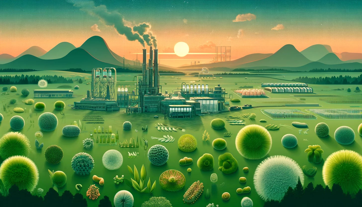 A 2D digital art landscape focused on the potential of engineered microalgae for carbon capture and bioproduct manufacturing. In the foreground, stylized illustrations of single-celled microalgae float in vibrant green clusters, showcasing their photosynthetic capabilities. The microalgae are interconnected with various industrial structures in the background: a biomanufacturing facility, greenhouses, and a research lab. The midground includes stylized visual representations of the products derived from microalgae, such as biofuels, protein-rich foods, and beauty products. The background features a dawn sky in soft pastels, transitioning from orange to pink, with flat 2D mountains. A textured grain filter covers the image, giving it a high digital art quality. The color palette uses greens, blues, and earthy orange hues to reflect innovation and environmental stewardship.