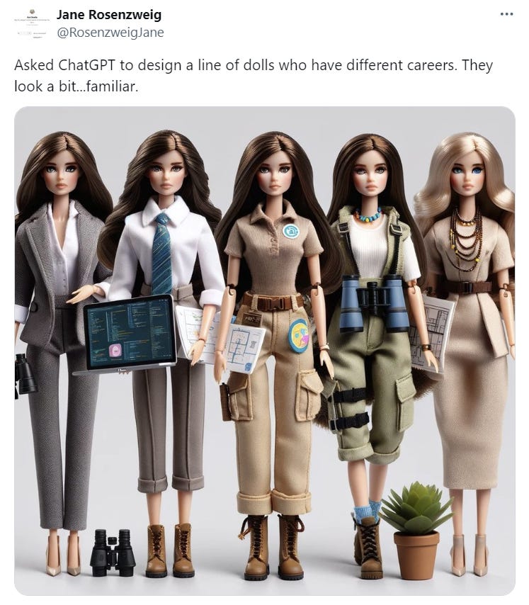 ChatGPT generating a line of dolls with different careers. They are all white.