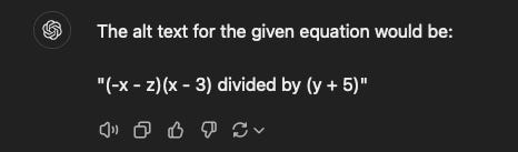 The ChatGPT interface showing it producing alt-text for a provided equation