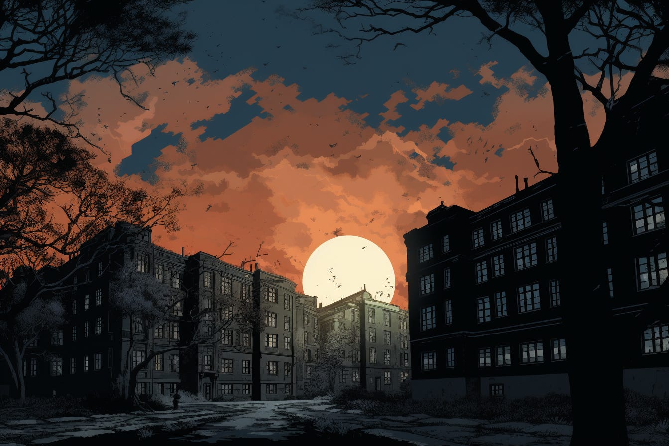 a foreboding image of buildings on a college campus, graphic novel illustration