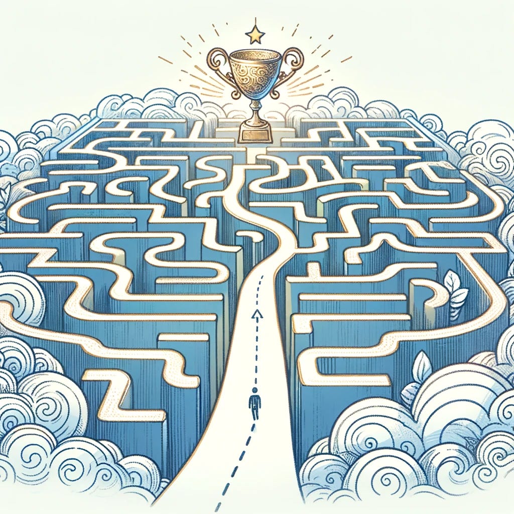 A sketch with light colors on a white background, depicting a large, intricate maze with a clear path leading to a shining trophy at the end, symbolizing the concept of 'Start with the End in Mind'