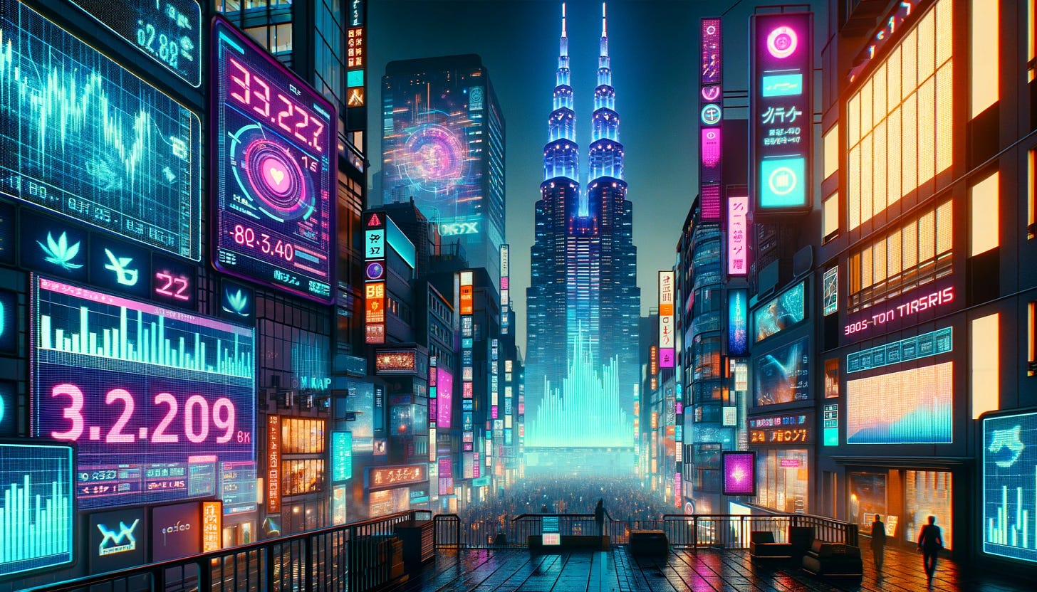 A futuristic, cyberpunk-themed cityscape at night, inspired by Tokyo, resembling a scene from a cyberpunk video game. The image depicts a bustling Times Square-like area, filled with neon lights and digital billboards displaying various quantitative trading charts and financial symbols. Skyscrapers tower in the background, adorned with holographic displays of stock market data. The atmosphere is vibrant and technologically advanced, emphasizing a theme of continuous trading in a sci-fi setting.