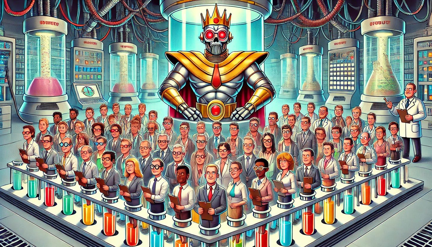 A humorous, landscape cartoon of a robot overlord standing triumphantly over a row of test tubes, each containing a diverse group of product managers of different races, genders, and appearances. The robot is futuristic, metallic, with glowing red eyes and a crown-like design on its head, standing in a large laboratory filled with wires, gauges, and high-tech equipment. Each test tube holds a product manager wearing professional attire, holding a clipboard, and looking nervous, with a variety of hairstyles, skin tones, and expressions. The scene is colorful, funny, and slightly menacing in a cartoon style.