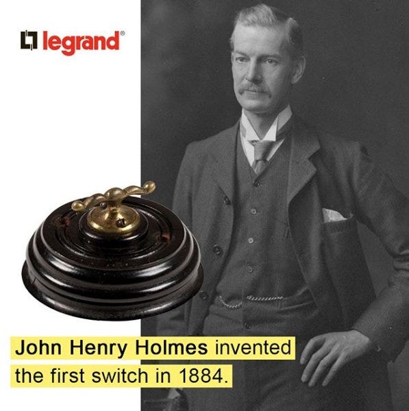 Un montage posté sur Twitter qui montre un homme moustachu en noir et blanc avec cette mention "John Henry Holmes invented the first switch in 1884"