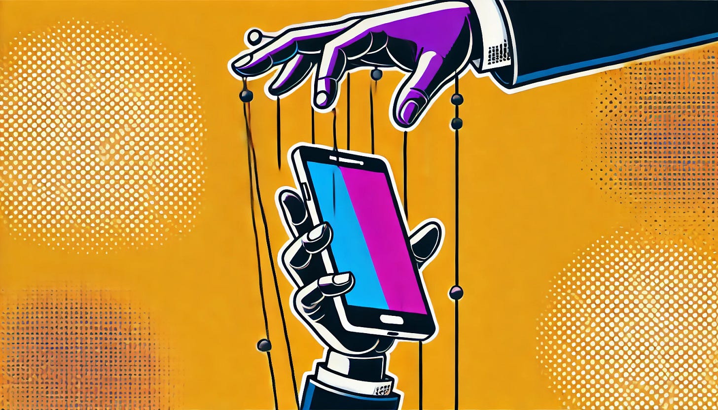 A pop art style illustration depicting a marionette scene, but instead of a puppet, a smartphone is being controlled by strings. The color palette is restricted to bright purple, bright orange, black, and white, with a white background. The design is clean and minimal, with visible strings attached to the phone, symbolizing control or manipulation. The scene emphasizes simplicity while capturing the concept of technology under control.