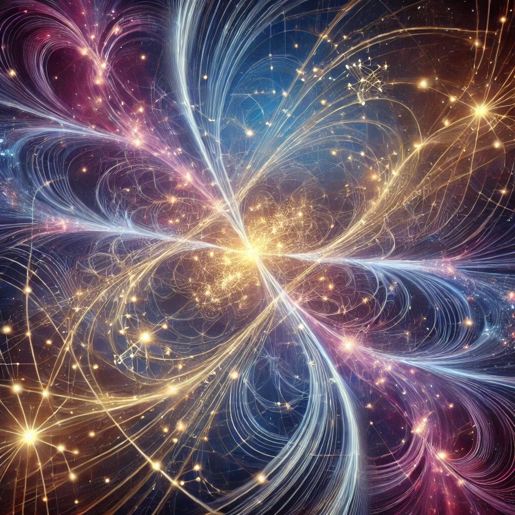 A highly detailed and conceptual illustration of 'Entangled Magnetic Frequencies,' showing intertwined magnetic waves and particles resonating across cosmic space. The image should convey unity between cosmic energy fields, quantum particles, and interconnected consciousness. The background can depict a deep, starry universe with patterns of resonance waves and vibrant magnetic lines linking celestial elements. Soft, radiant highlights represent the connection between physics and consciousness, with hints of intertwining magnetic fields and quantum particles in synchronized motion. The color palette should be cosmic with subtle purples, blues, and golden hues to emphasize unity and coherence. A highly detailed and conceptual illustration of 'Entangled Magnetic Frequencies,' showing intertwined magnetic waves and particles resonating across cosmic space. The image should convey unity between cosmic energy fields, quantum particles, and interconnected consciousness. The background can depict a deep, starry universe with patterns of resonance waves and vibrant magnetic lines linking celestial elements. Soft, radiant highlights represent the connection between physics and consciousness, with hints of intertwining magnetic fields and quantum particles in synchronized motion. The color palette should be cosmic with subtle purples, blues, and golden hues to emphasize unity and coherence.