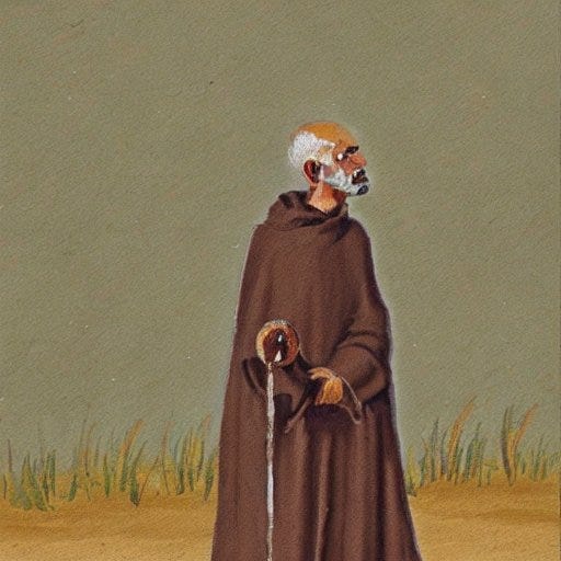 Ilustração de um padre vestindo um traje marrom na frente de um fundo arenoso.