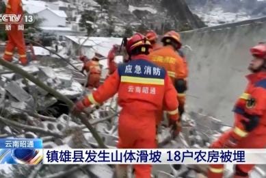 Rescue workers search through rubbles in the aftermath of a landslide in liangshui village in southwestern China's Yunnan Province on Jan. 22, 2024.