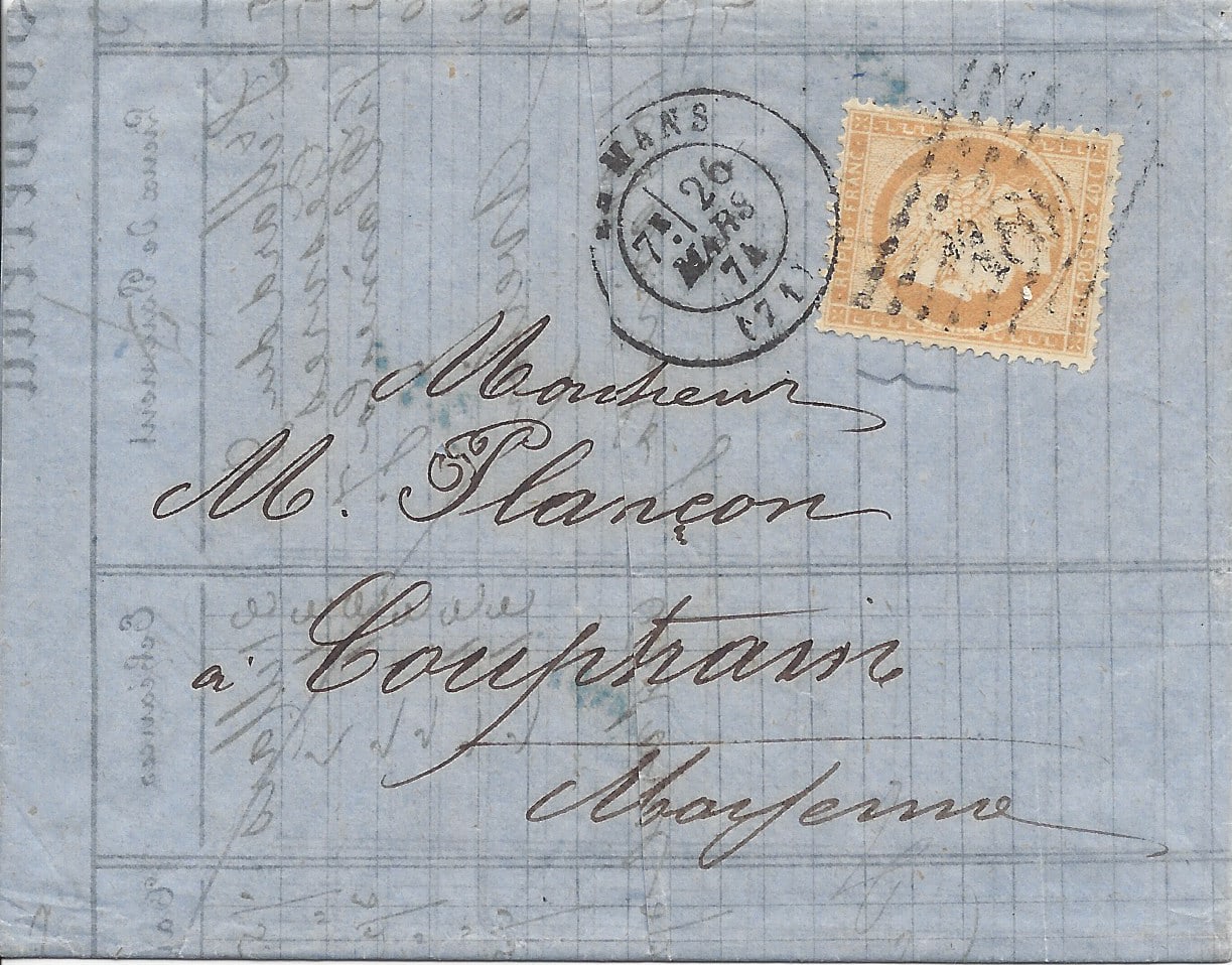 1874 French letter using the 2nd rate level