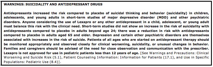 The FDA's boxed warning for the antidepressant Lexapro (FDA)