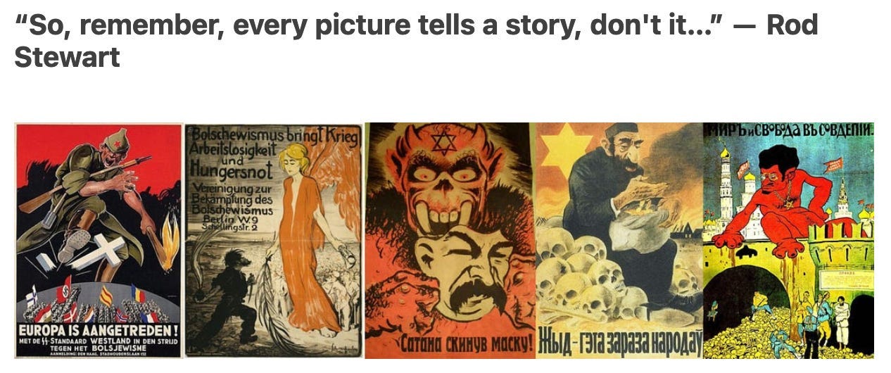 A screenshot of anti-Semitic posters with the heading "So remember, every picture tells a story, don't it - Rod Stewart"