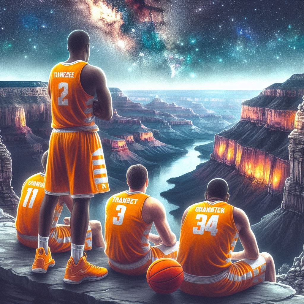 Tennessee basketball players looking over the Grand Canyon at night, with their backs to the viewer, watercolor