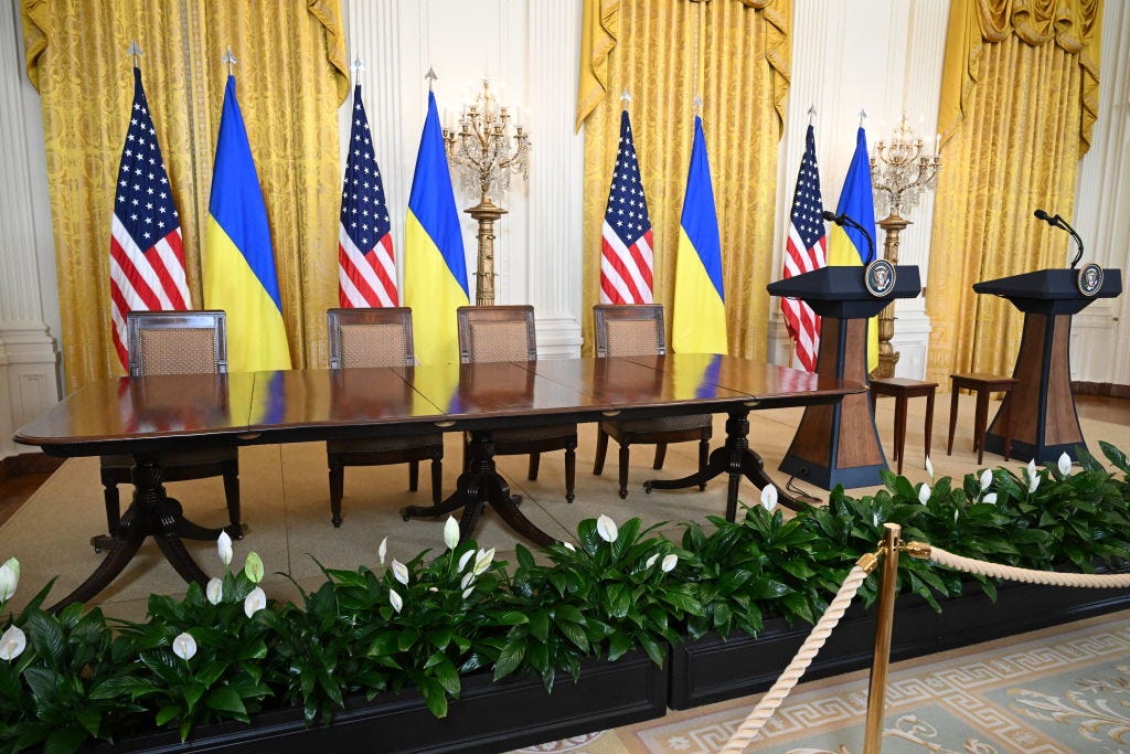 Empty conference table and podiums, meant for a press conference by Ukraine president Volodymyr Zelensky and U.S. president Donald Trump, never used after Trump and U.S. vice president turned on Zelensky during an Oval Office meeting earlier in the day on February 28, 2025