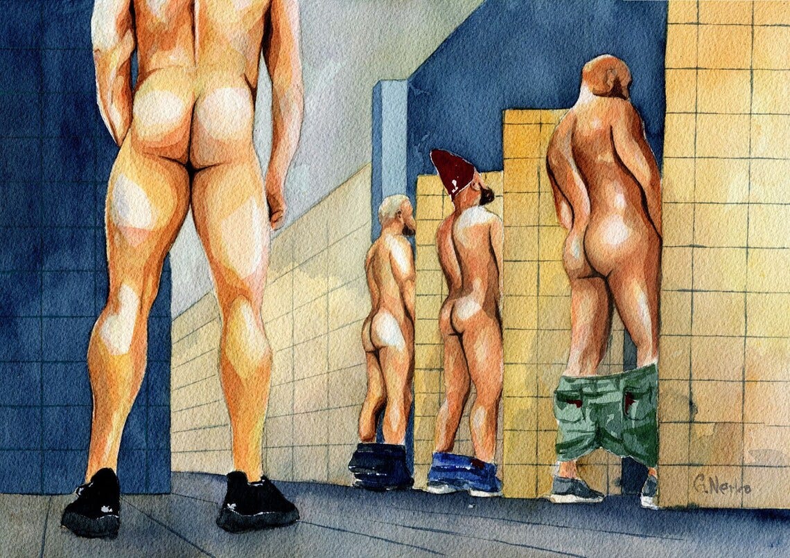 PRINT of Original Art Work Watercolor Painting Gay Interest Male Nude Public toilet 27 image 1