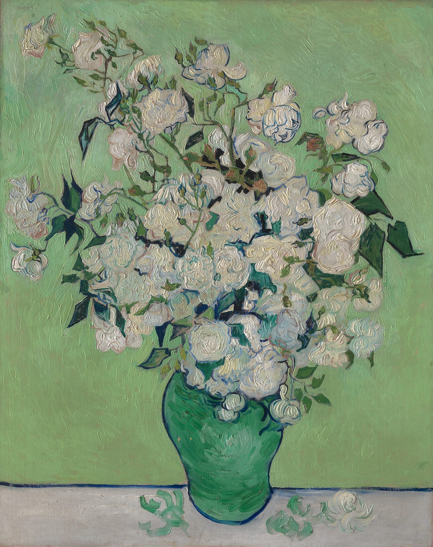 a painting of white roses in a green vase sitting on a pale pink table with a yellow-green background