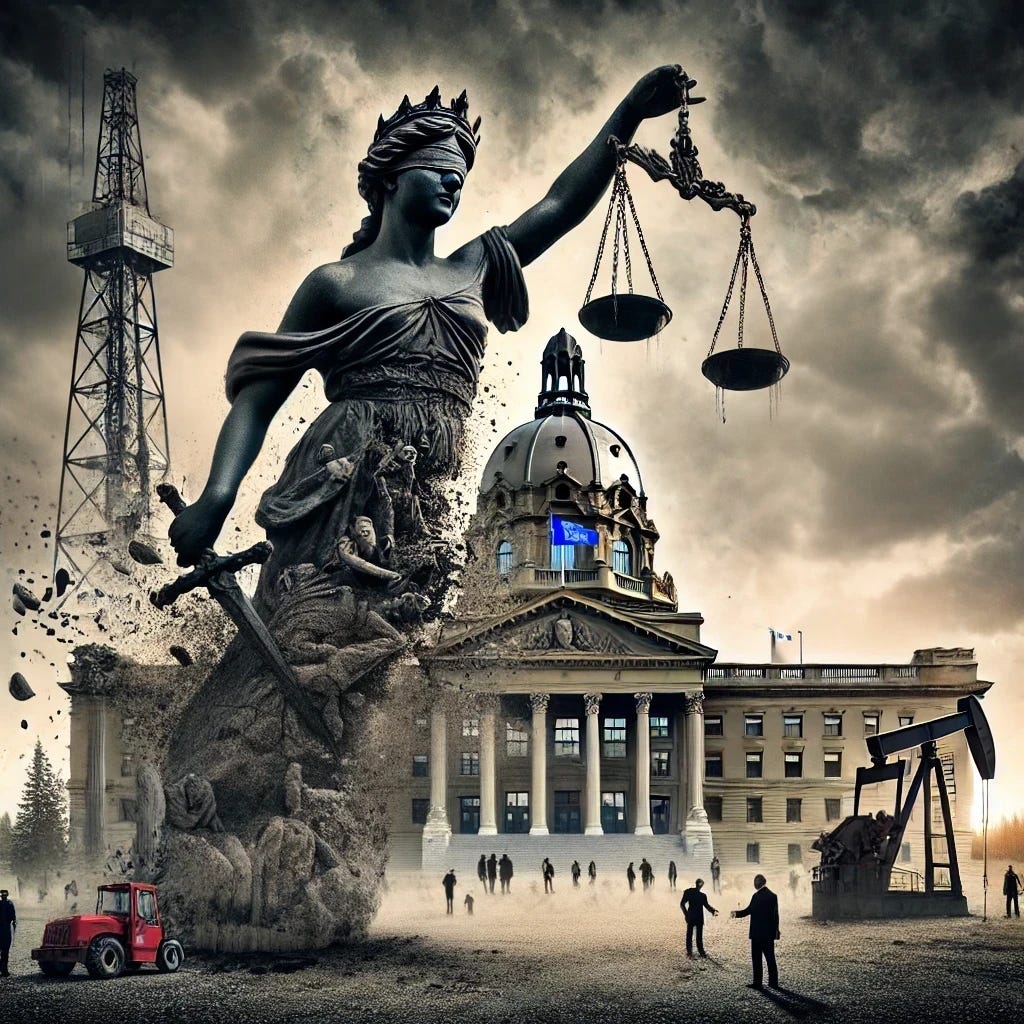 A symbolic representation of democracy eroding under populism in Alberta, featuring a crumbling statue of justice with scales tipping heavily toward one side. In the background, the Alberta Legislature building looms under dark clouds, with shadowy figures consolidating power inside. The foreground features oil pumps and prairie landscapes, symbolizing Alberta’s unique context. A blue Alberta flag flies at half mast, adding to the somber and reflective tone. The smoke stacks and spires have been removed to simplify the scene. Diverse groups of people stand at the edges, silenced and marginalized, with dramatic lighting emphasizing decay and imbalance.