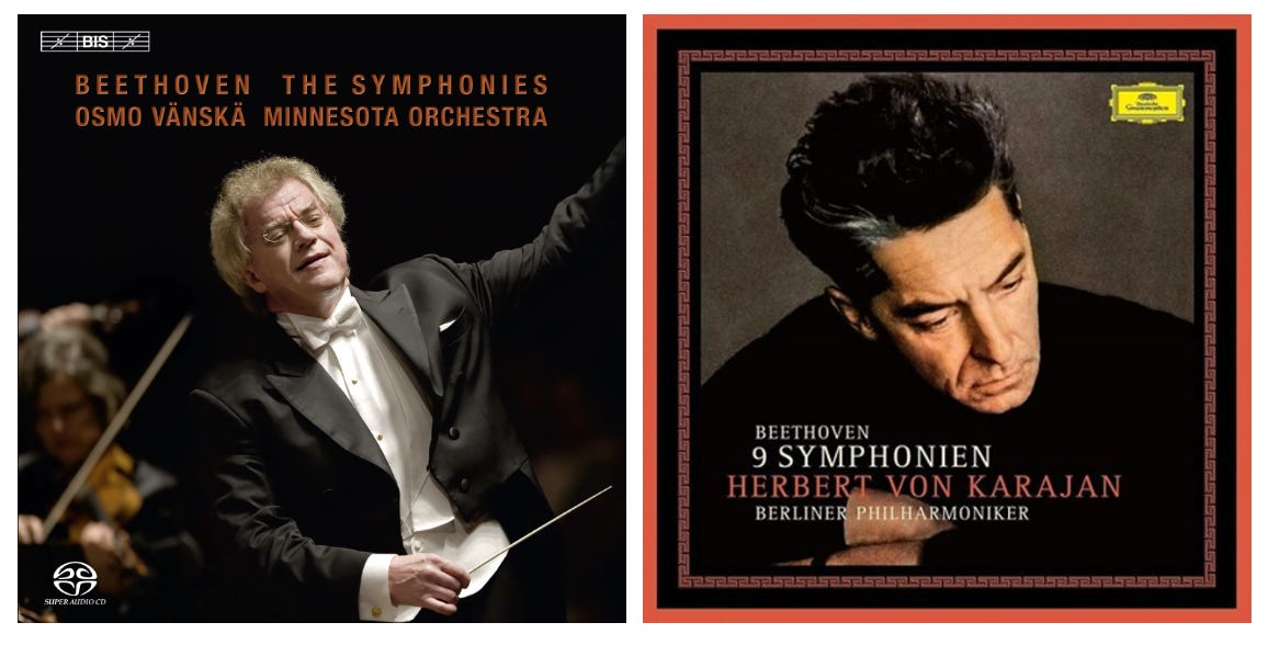 Album covers for different versions of Beethoven symphonies