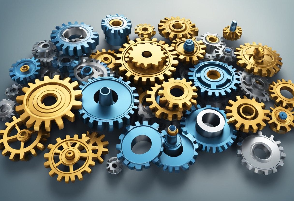 A group of interconnected gears and cogs turning together, symbolizing progress and achievement in a technological setting